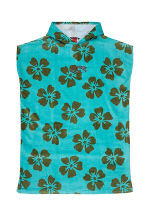 Toalla con capucha turquesa con flores de hibisco verde oscuro y logotipo rojo de Billabong bordado en el pecho.
