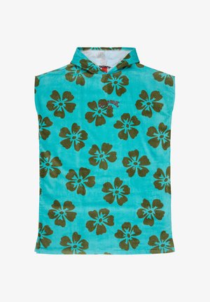 Toalla con capucha turquesa con flores de hibisco verde oscuro y logotipo rojo de Billabong bordado en el pecho.