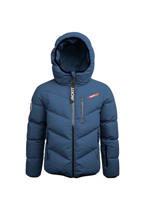 Blauwe gewatteerde jas met capuchon, met een chevron-gestikte ontwerp, een ritsluiting aan de voorkant en logo-accenten. Twee ritszakken op de borst en aan de zijkant.