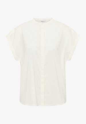 Balta trumpų rankovių marškinėliai su mandarinų apykakle, mygtukų užsegimu priekyje, laisvu siluetu ir lygiu tekstūru. Subtilus logotipo dekoras ant krūtinės.