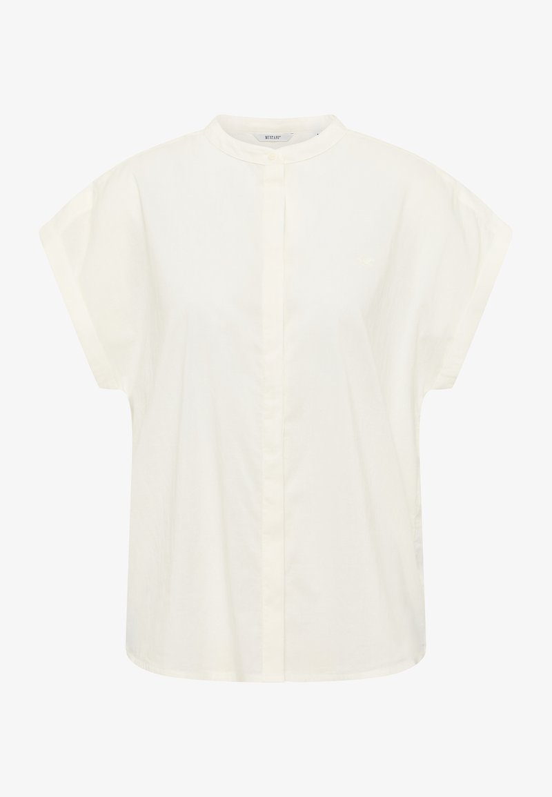 Valge lühikeste varrukatega särk mandariinikrae, nööpidega ees, lõdva istuvuse ja sileda tekstuuriga. Rinnal diskreetne logodetail.