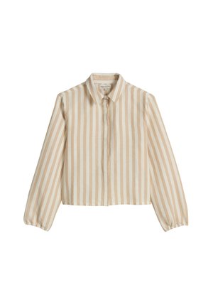 Beige en witte blouse met verticale strepen, lange mouwen, kraag en verborgen knoopsluiting, elastische manchetten en cropped zoom.