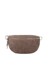 Sac demi-lune en velours côtelé marron avec fermeture éclair dorée et anneaux métalliques sur chaque côté, conçu comme une pochette à porter à la taille ou en bandoulière.