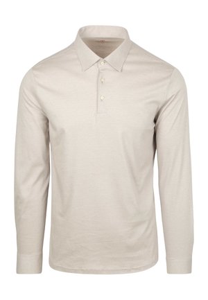 Langärmliges Poloshirt in Hellbeige, aus weichem Stoff hergestellt. Verfügt über einen kragenlosen Hals, eine Knopfleiste mit drei Knöpfen und ein schlichtes Design.