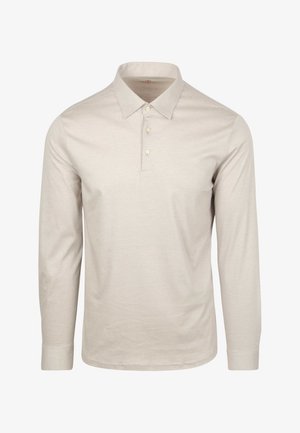 Lange mouw polo shirt in lichtbeige, gemaakt van zachte stof. Kenmerkt zich door een kraag, een drieknoopsluiting en een eenvoudige uitstraling.
