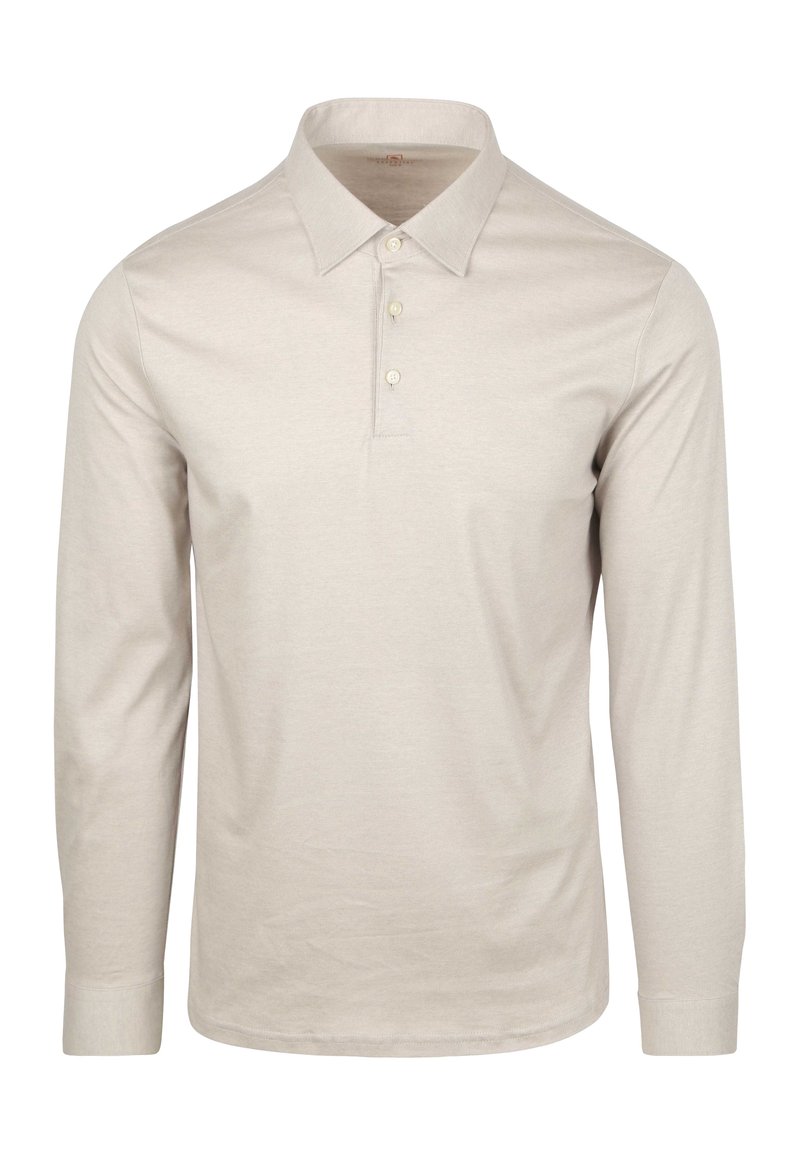 Lange mouw polo shirt in lichtbeige, gemaakt van zachte stof. Kenmerkt zich door een kraag, een drieknoopsluiting en een eenvoudige uitstraling.