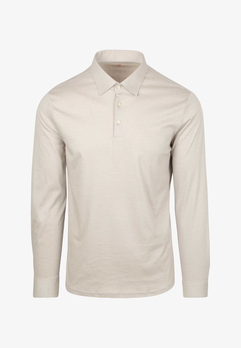 Lange mouw polo shirt in lichtbeige, gemaakt van zachte stof. Kenmerkt zich door een kraag, een drieknoopsluiting en een eenvoudige uitstraling.