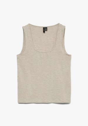 Canotta beige senza maniche con scollo a U, realizzata in tessuto morbido e leggero, mostrata distesa su sfondo bianco.