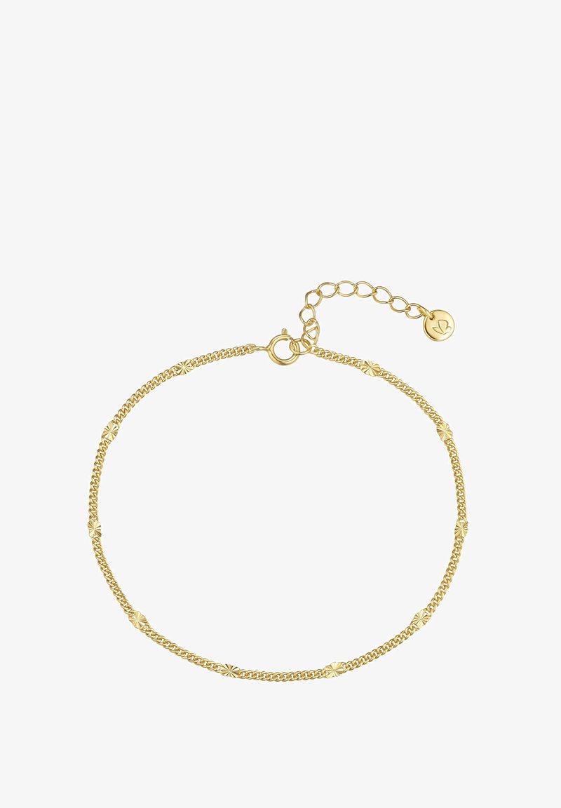 Zlato obarvana zapestnica ima zasukano verižico z zvezdastimi poudarki in nastavljivo zapiranje z majhno oznako.