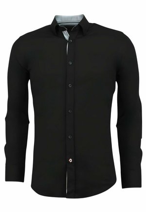 Zwart longsleeve shirt van gladde stof met een knoopsluiting, contrasterende voering en een subtiele logo op de borst.