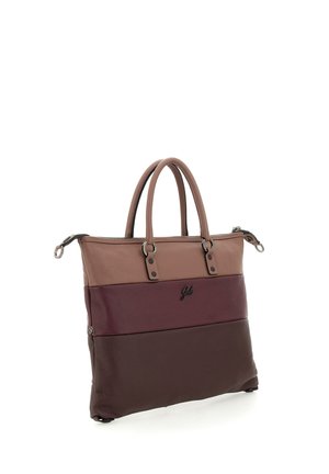 Sac à main en cuir marron avec trois blocs de couleurs horizontaux, poignées doubles, fermeture éclair et un petit logo métallique à l'avant.