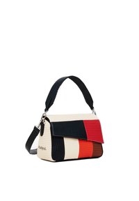 Multikleurige handtas met een gestructureerde vorm, voorzien van een ribbeltextuur. Kleuren zijn onder andere crème, zwart, rood en bruin met een verstelbare strap.