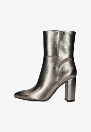 Metallic silberne Knöchelstiefel mit spitzem Zehenbereich und breitem Blockabsatz. Glatte Oberfläche ohne sichtbare Muster oder Hardwaredetails.
