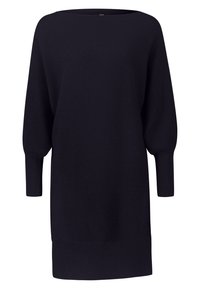 Tunique noire en maille avec un col bateau, des épaules tombantes et des poignets côtelés. Présente une coupe décontractée et une surface texturée sur toute la pièce.