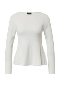 Haut blanc à manches longues côtelé avec un col rond, un ourlet évasé et une texture lisse ; présente un corsage ajusté qui s'évasera doucement au niveau de la taille.