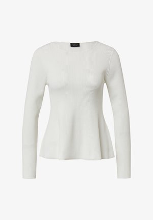 Top blanco de manga larga con textura acanalada, escote redondo, bajo acampanado y textura suave; presenta un cuerpo ajustado que se ensancha suavemente en la cintura.