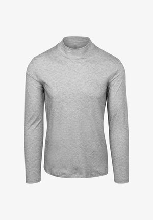 Gray long-sleeve turtleneck shirt made of lightweight fabric. Features a fitted design and smooth texture with no patterns or accents.
