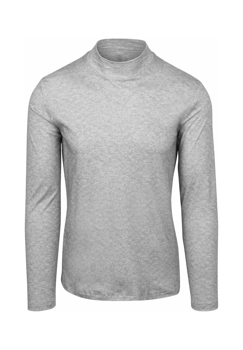 Grijze langemouwen turtleneck shirt van lichtgewicht stof. Heeft een slim-fit ontwerp en een gladde textuur zonder patronen of accenten.