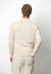 Hellbeige gestrickter Pullover mit geripptem Saum und Bündchen. Er verfügt über einen flachen Kragen und eine klassische Passform. Kombiniert mit cremefarbenen Hosen.