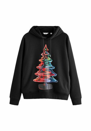 Hanorac negru cu un design colorat de copac neon, cu accente roșii, verzi și albastre. Glugă cu șnur și manșete și tiv rib inflat.
