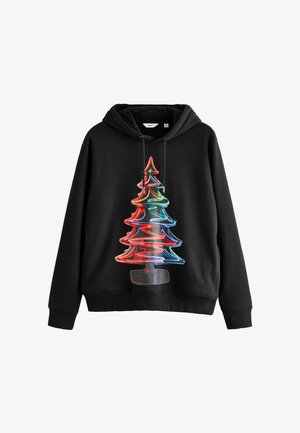 Melnā kapucē ar krāsainu neona koka dizainu, kurā ir sarkanie, zaļie un zilie akcenti. Vadu kapuce un ribota apkakle un apakšdaļa.