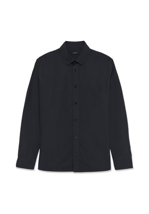 Fekete, hosszú ujjú, gombos ing, sima anyagból. Klasszikus gallérral, elülső gombokkal és mandzsettás ujjakkal. Minták vagy díszítések nélkül.