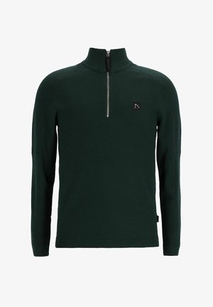 Tummaa vihreä neulepusero, jossa on korkea kaulus, vetoketjukiinnitys edessä ja pieni brändätty logo rinnassa. Pehmeä neuleteksti.