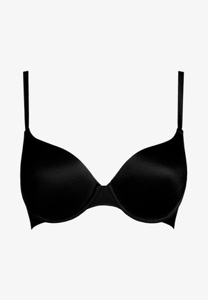 Schwarzer gepolsterter BH mit verstellbaren Trägern, glatter Textur und nahtlosem Design, das eine klassische Unterstützung durch Unterdraht bietet.