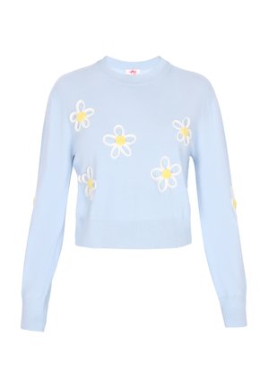 Světle modrý zkrácený svetr s dlouhými rukávy, zdobený bílými a žlutými vyšitými sedmikráskami na přední straně a na manžetách. Hladký lem.