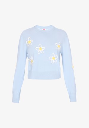 Világoskék, rövidített pulóver hosszú ujjal, az elején és az ujjak szélén fehér és sárga hímzett pomponvirágokkal. Bordázott alja.