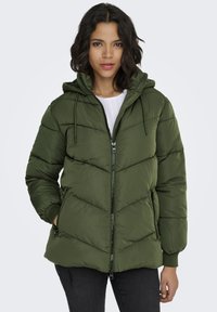 Green puffer jacket with a zip front, hood, and elastic cuffs. Features chevron quilting and two side pockets. Textured matte finish.