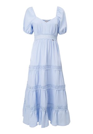 Hellblaues Midikleid mit Puffärmeln, V-Ausschnitt, tailliertem Schnitt und gestuftem Rock mit Spitzenverzierung.