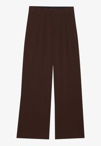 Bruine wijde broek met plooien. Gemaakt van een gladde stof, met een op maat gemaakt tailleband en zijzakken. Rechte zoom aan de onderkant.