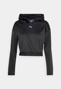 Hoodie nero corto realizzato in tessuto morbido, con cappuccio regolabile, maniche lunghe e un piccolo logo bianco sul petto.