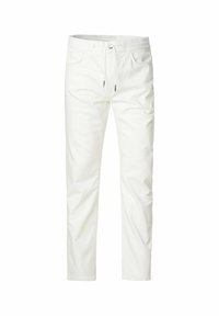 Pantaloni jogger bianchi in cotone con vita elastica, chiusura con cordoncino e due tasche laterali; vestibilità rilassata con una texture liscia.