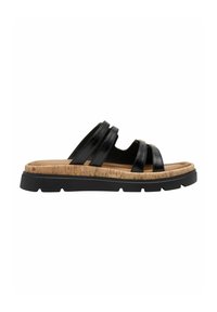 Černé skluzové sandály mají tři popruhy, korek střední podešvi a texturovanou gumovou podrážku pro lepší trakci. Jednoduchý a otevřený design pro prodyšnost.