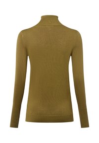 Olivgrüner Rollkragenpullover aus strukturiertem Strickstoff, mit langen Ärmeln und taillierter Passform sowie hohem Kragen.