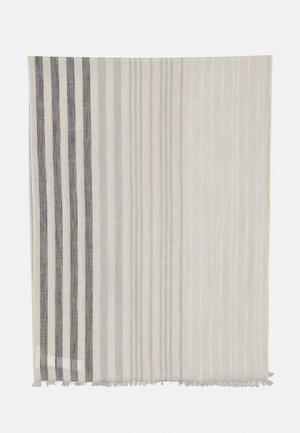 Stribet stoftæppe i beige og grå nuancer. Materialet er letvægts med frynser i kanterne. Loddrette striber varierer i bredde og tekstur.