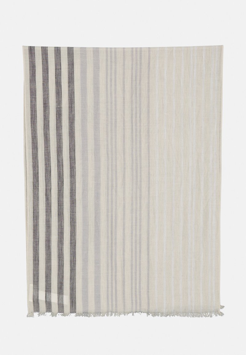 Ριγέ ύφασμα ριχτού σε μπεζ και γκρι αποχρώσεις. Το υλικό είναι ελαφρύ με φούντες στις άκρες. Οι κατακόρυφες ρίγες ποικίλλουν σε πλάτος και υφή.