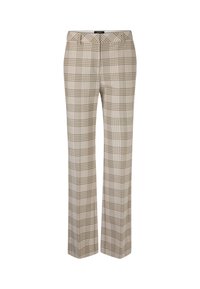 Beige plaid trousers with a straight leg design, featuring a textured fabric and a waistband. The pattern includes light and dark brown lines.