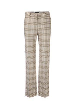 Beige plaid trousers with a straight leg design, featuring a textured fabric and a waistband. The pattern includes light and dark brown lines.