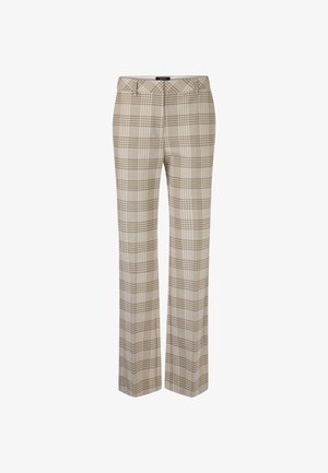 Beige plaid trousers with a straight leg design, featuring a textured fabric and a waistband. The pattern includes light and dark brown lines.