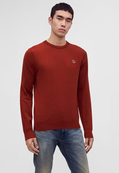 Homme portant un pull à manches longues couleur rouille avec un petit logo zèbre sur la poitrine et un jean bleu délavé, debout devant un fond uni.