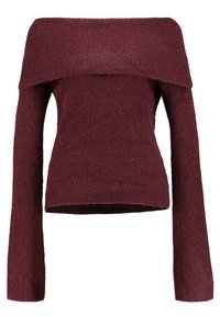 Vínový svetr s odhalenými rameny a dlouhými rukávy. Vyrobený z texturované pleteniny, s širokým výstřihem a přiléhavým střihem.