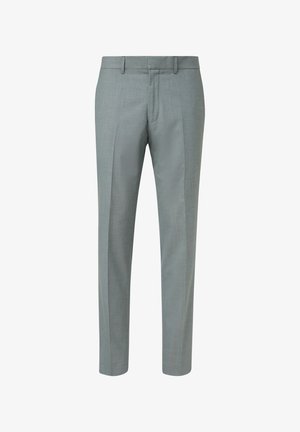 Light gray tailored trousers featuring a textured fabric, flat front design, and straight leg cut, with side and back pockets.