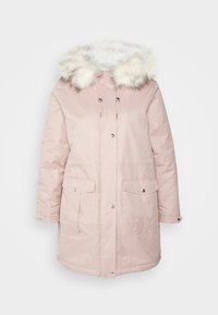 Hellrosa Parkajacke mit einem mit Pelz besetzten Kapuze, vorderen Knöpfen und zwei großen Taschen, vor einem weißen Hintergrund präsentiert.