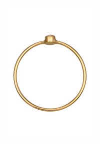 Kuldne sõrmus sujuva, ringikujulise bändiga ja väikese kuplikujulise pealisega, millel on kerge punane aktsent. Lihtne, minimalistlik disain.