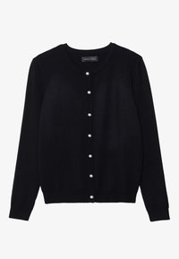 Black cardigan made of a soft knit material, featuring a round neckline, long sleeves, and six pearl-like buttons down the front.