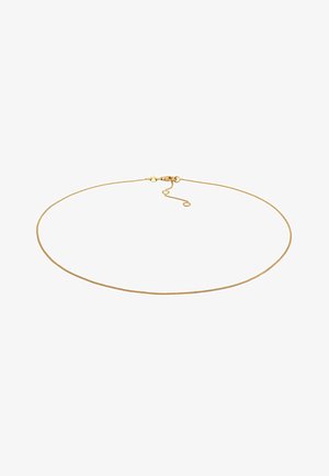 Colier auriu cu un design delicat, având un lanț subțire și rotund și un sistem de închidere tip homar. Lungime ajustabilă cu un mic lanț de extensie.