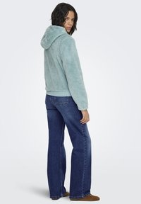 Hellblauer, flauschiger Fleece-Kapuzenjacke mit einem gerippten Saum, kombiniert mit dunkelblauen, ausgestellten Jeans und braunen Schuhen, von hinten gesehen.